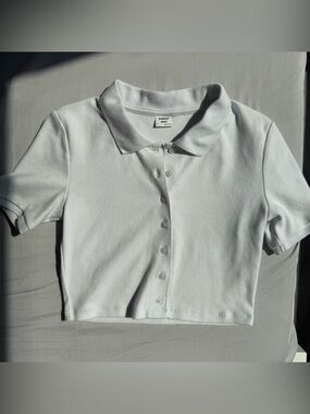 Aritzia Sunday Best White Grey Polo Button-Front Top